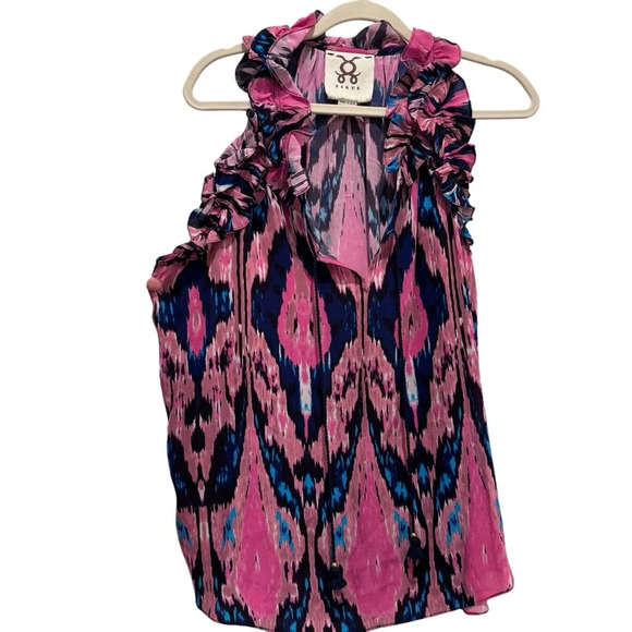 Figue Fabiana Ikat Ruffles Sleeveless Tassel Top Blouse Pink Blue Size L - Picture 5 of 10